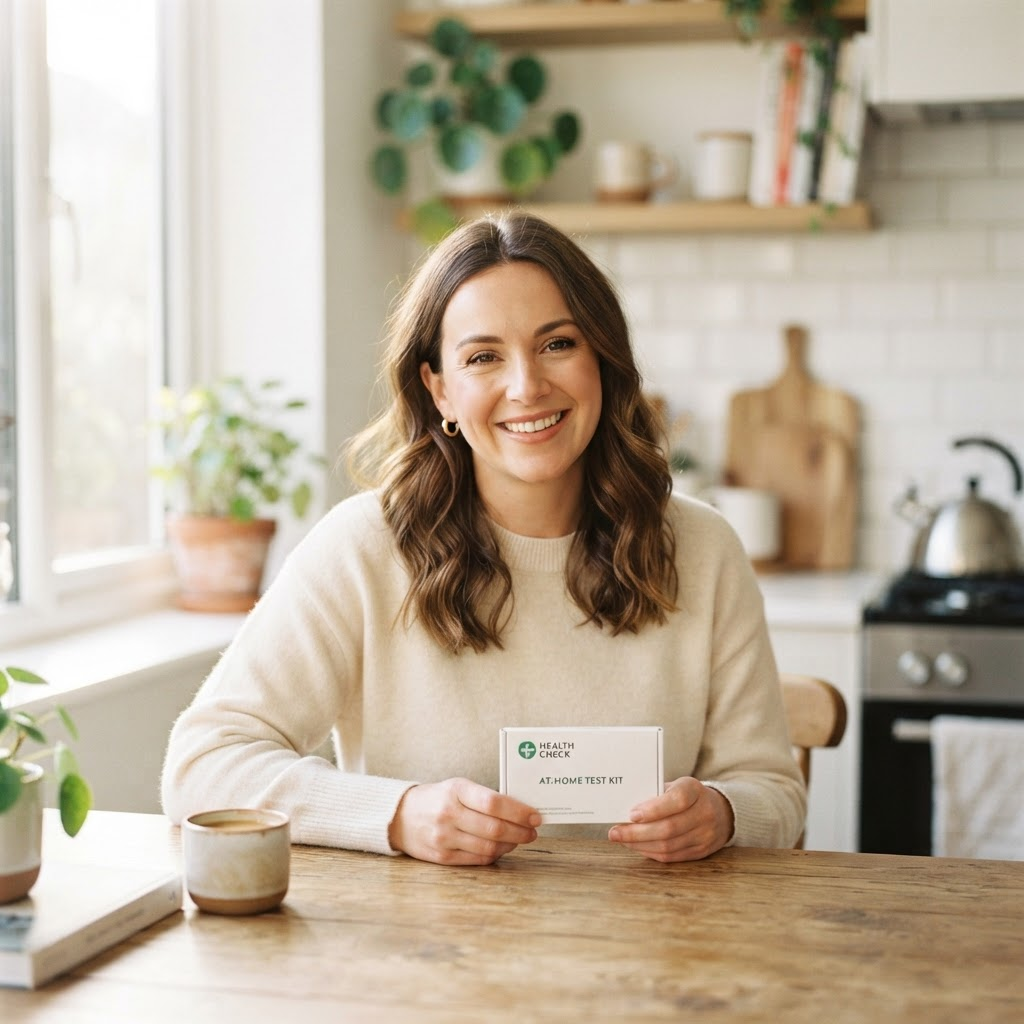 A smiling woman using an at-home health test kit at her kitchen table