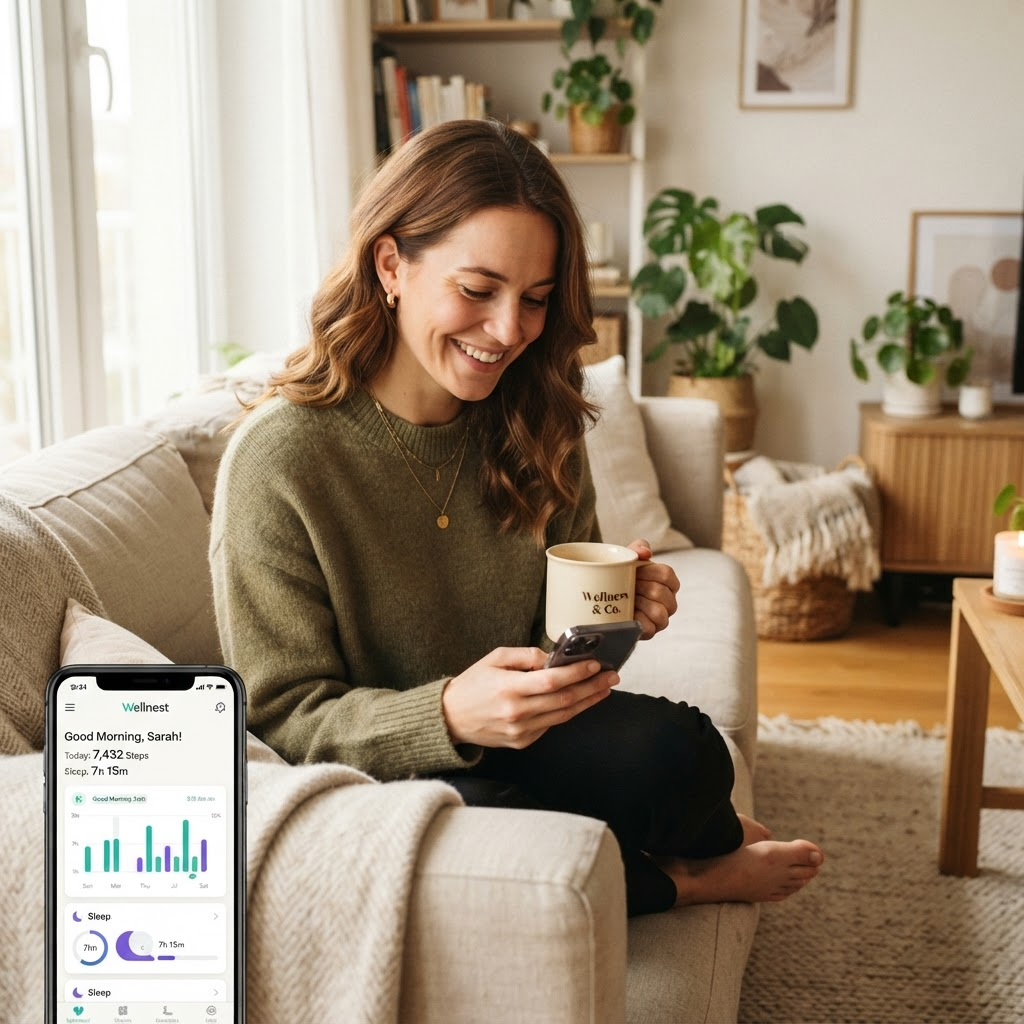 A woman reviewing her personalized health tracking on the Everlywell 360 app